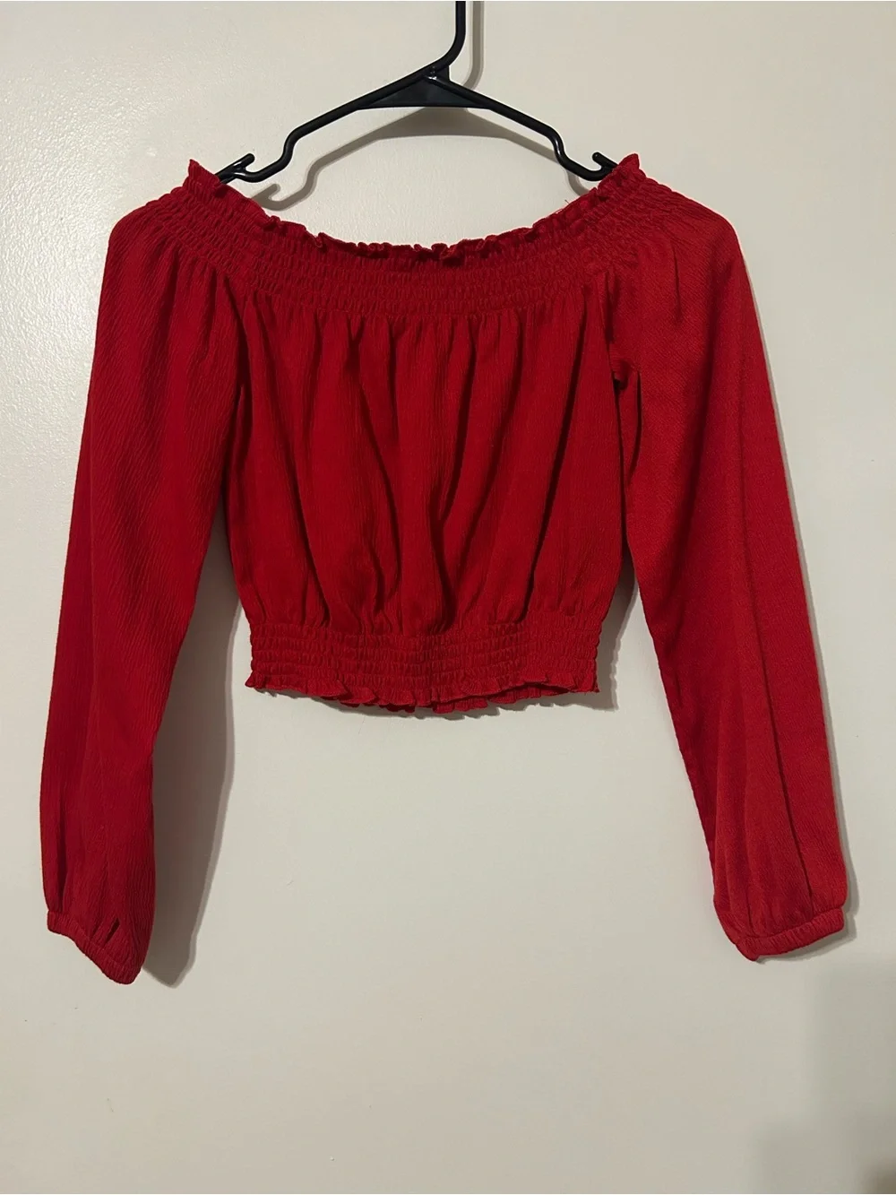 H&M Red Off-the-Shoulder Smocked Crop Top